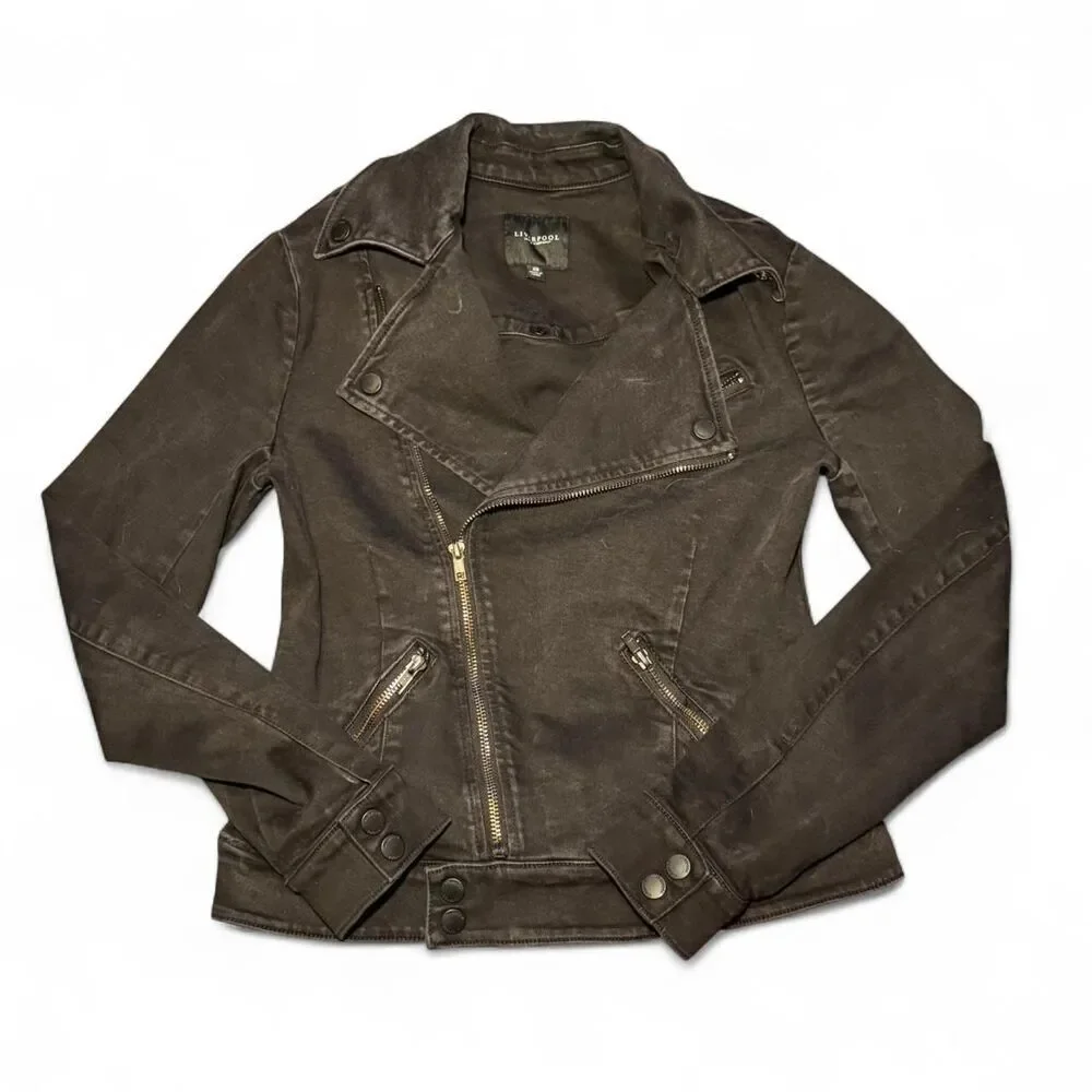 Liverpool Los Angelos Black Wash Denim Moto Biker Zip up Jacket Size XL